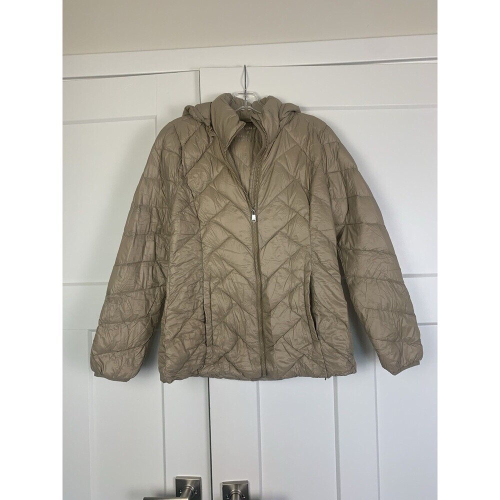 London Fog Womens Sz Small Packable Down Jacket Coat Zip Front, Tan